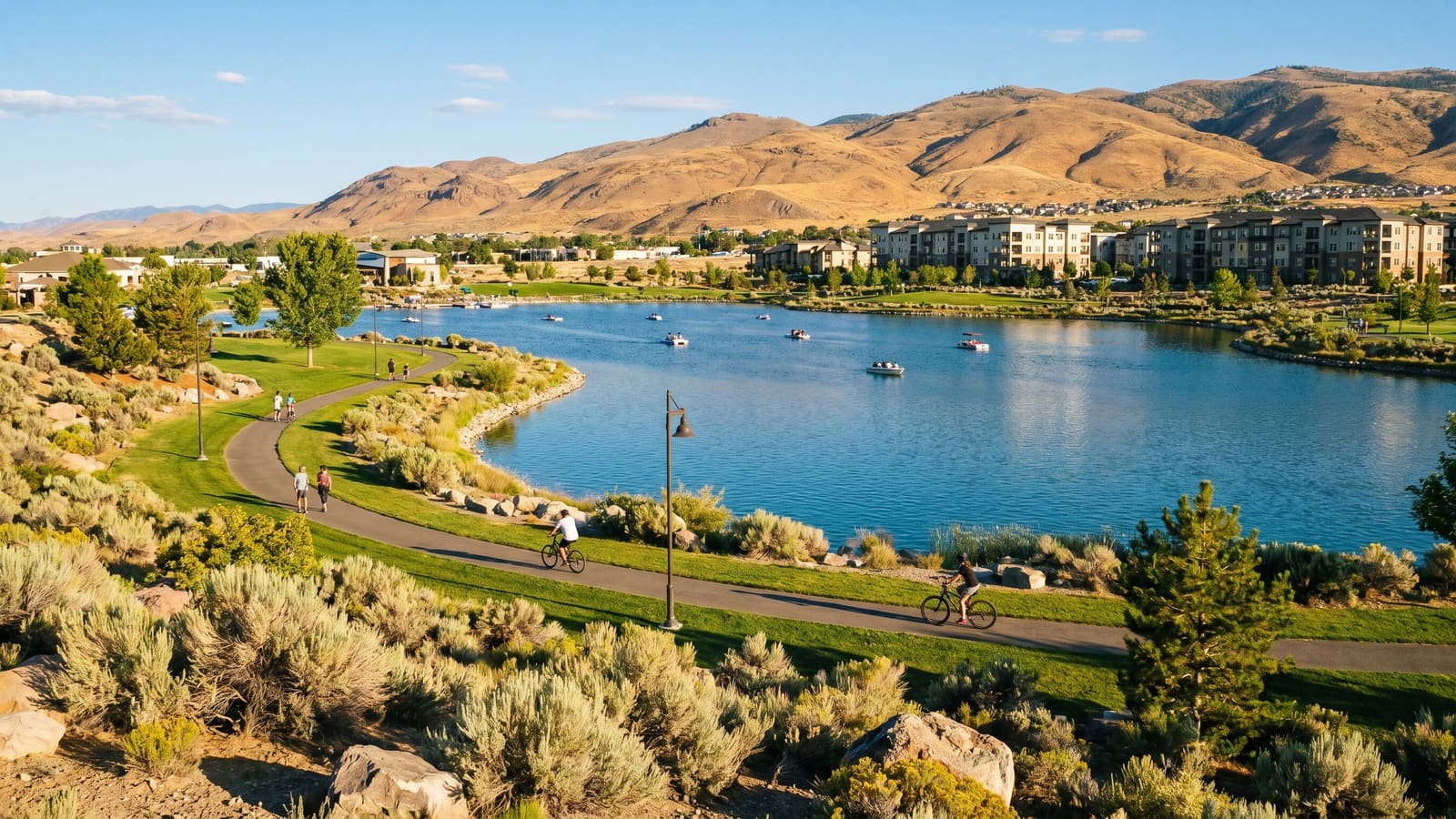 Sparks Marina park and lake in Sparks Nevada surrounded by neighborhoods and mountains